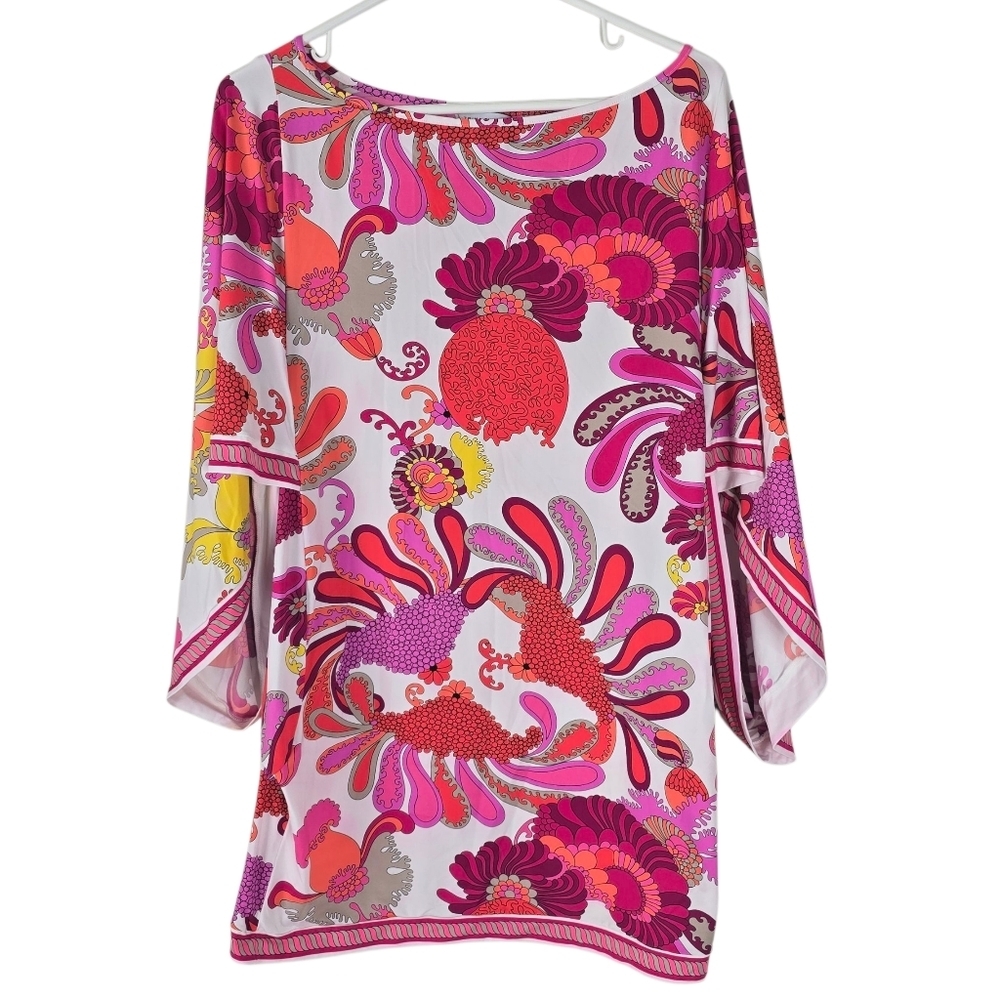 Trina Turk Caprice Tunic Swim Cover Up M Vibrant Orange/Pink Stretch Flowy